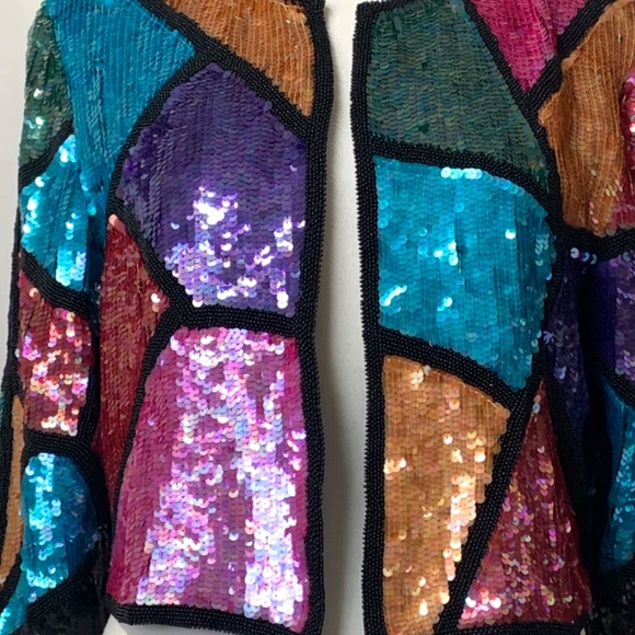 Vintage 80s/90s SCARLET RAGE Sequin Cropped Jacket Size M Multicolour SILK - Picture 5 of 12